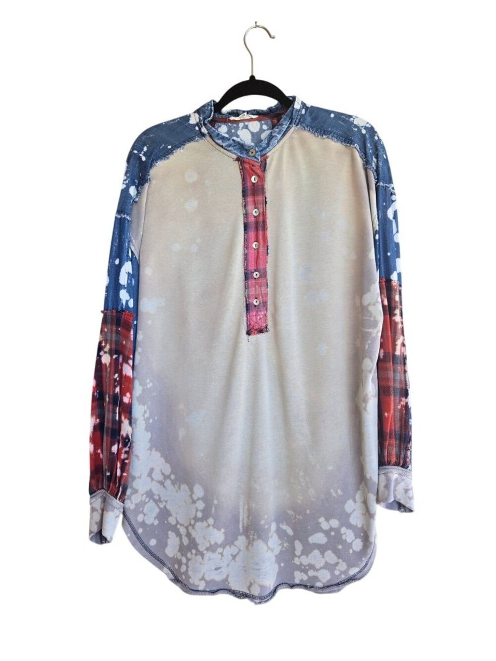 Oli & Hali Bleached Plaid Patriotic Henley Tunic Patchwork Shirt Women's Large